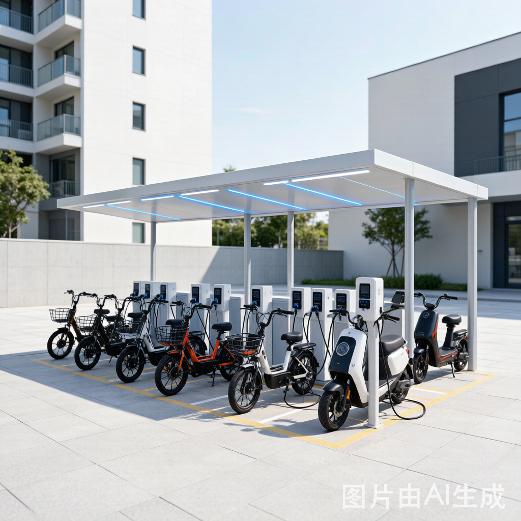 社区电动车充电棚,多辆两轮电动车整齐充电
