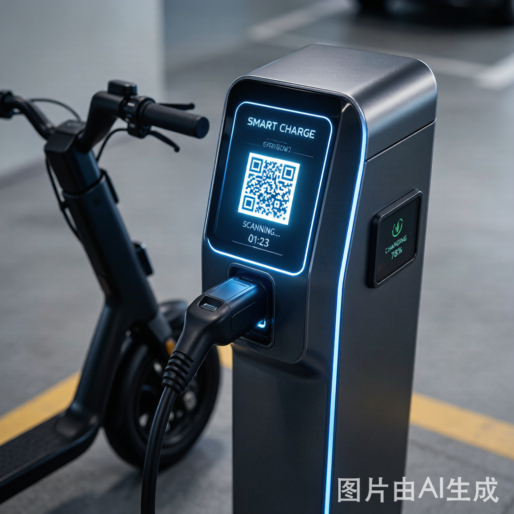 电动车智能充电桩特写,扫码充电界面