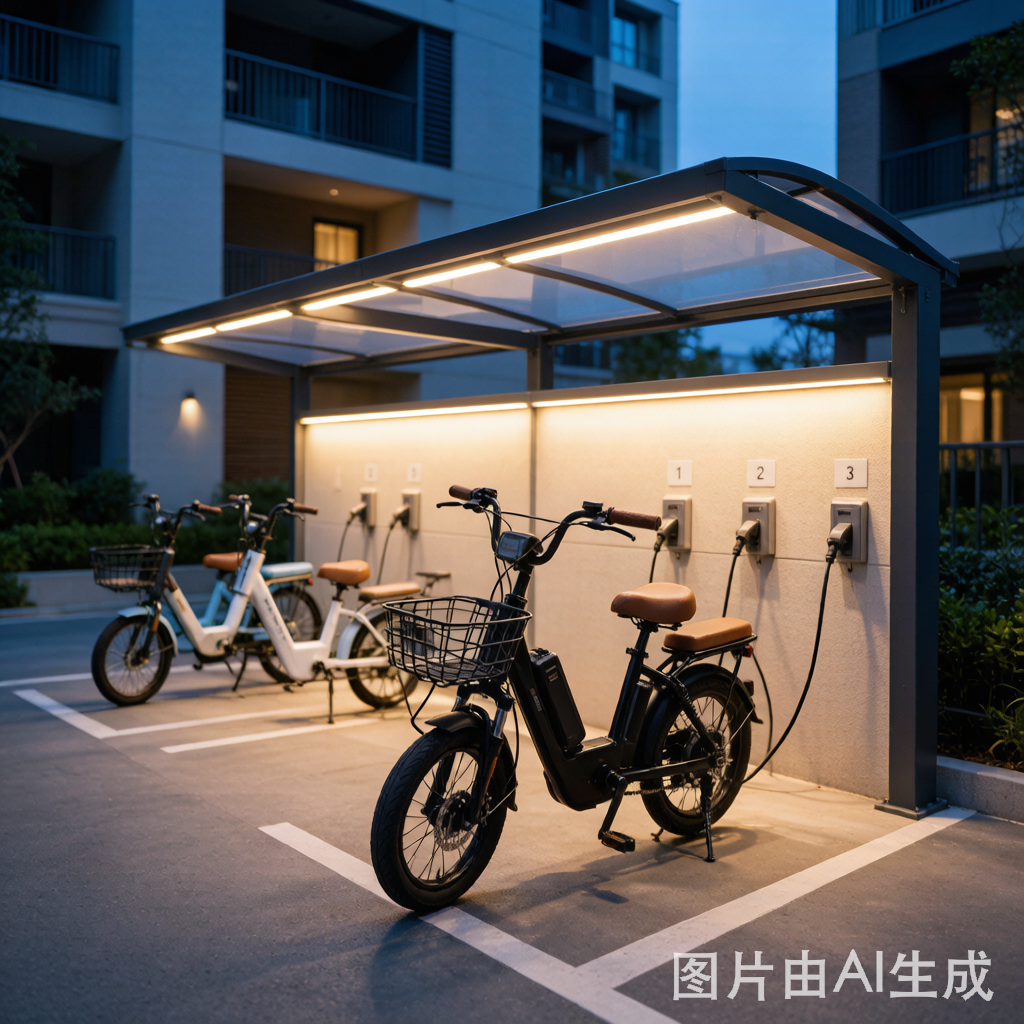 傍晚小区电动车充电区,蓝橙灯光下的两轮车